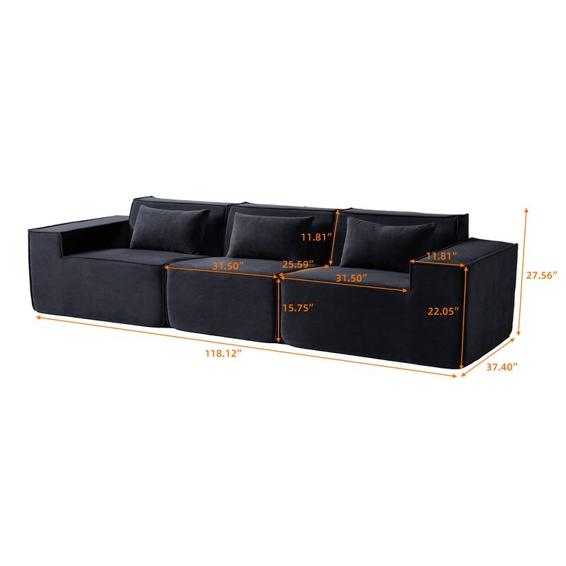 118" Modular Sofa Sectional Couch with Movable Fabric Cover & 3 Pillows, Comfy 3-Seater Corduroy Fabric Couch