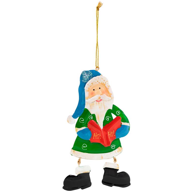 Glittered Ho Ho Caroling Santa Metal Christmas Ornaments - 5.5" - Set of 4