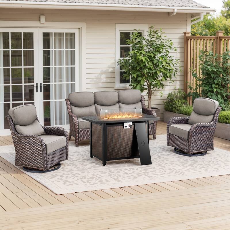 Pocassy Patio Furniture Set with 43 inch Fire Pit Table - Gray Cushion Brown Wicker - 4-Piece Sofa Siwvel Chair w/ Fire Pit Table