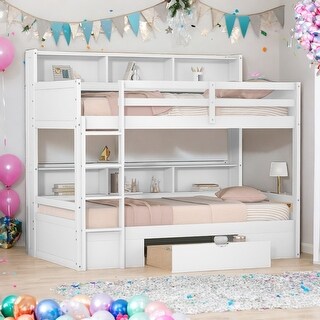 Twin Size Bunk Bed with Built-in Shelves Beside both Upper and Down Bed and Storage Drawer,Easy to Assemble,White