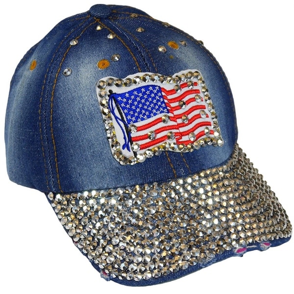 American Flag Sparkling Bedazzled Studded Patriotic Baseball Cap Hat, Denim, Light Blue