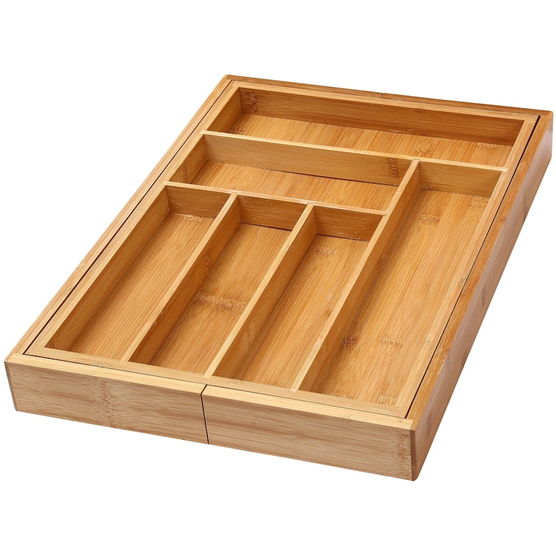 YBM HOME Bamboo Cutlery and Knives Tool Tray - 6 Compartment Adjustable