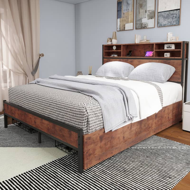 Moasis Queen/King Metal Platform Bed with 4 Storage Drawers and Charging Station