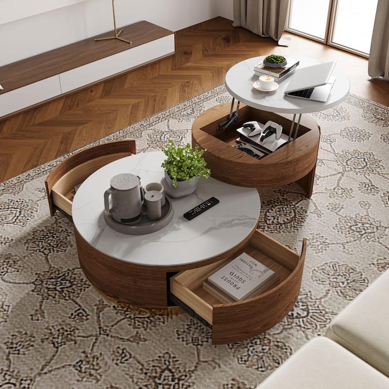 Lift-top Modern Nesting Coffee Table Set Of 2, White Sintered Stone Coffee Table Set - 31.49" - Brown