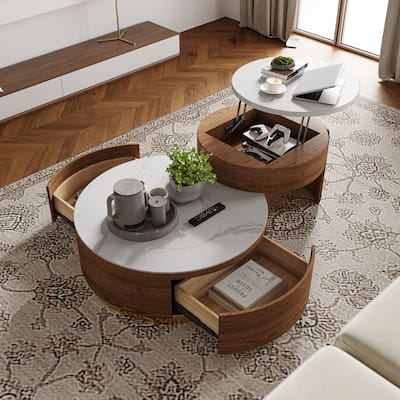 Lift-top Modern Nesting Coffee Table Set Of 2, White Sintered Stone Coffee Table Set