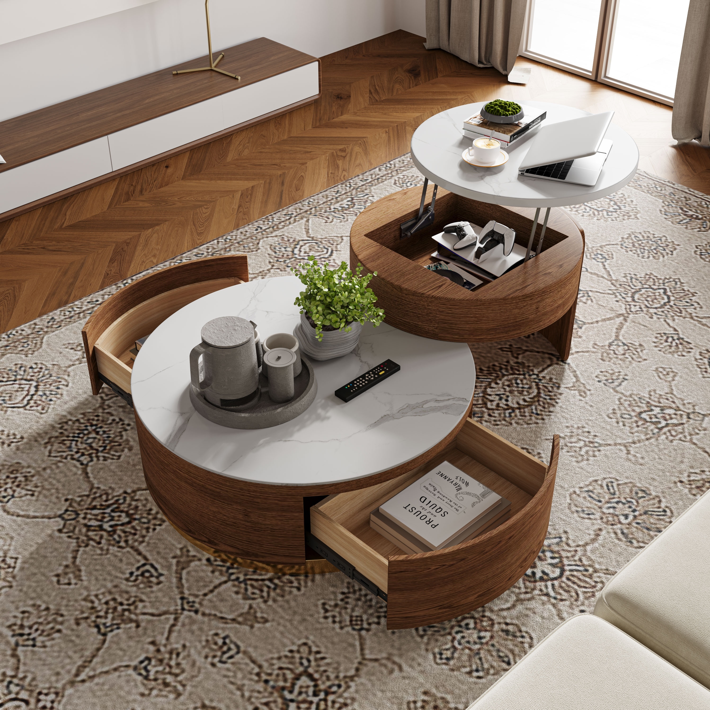 Lift-top Modern Nesting Coffee Table Set Of 2, White Sintered Stone Coffee Table Set