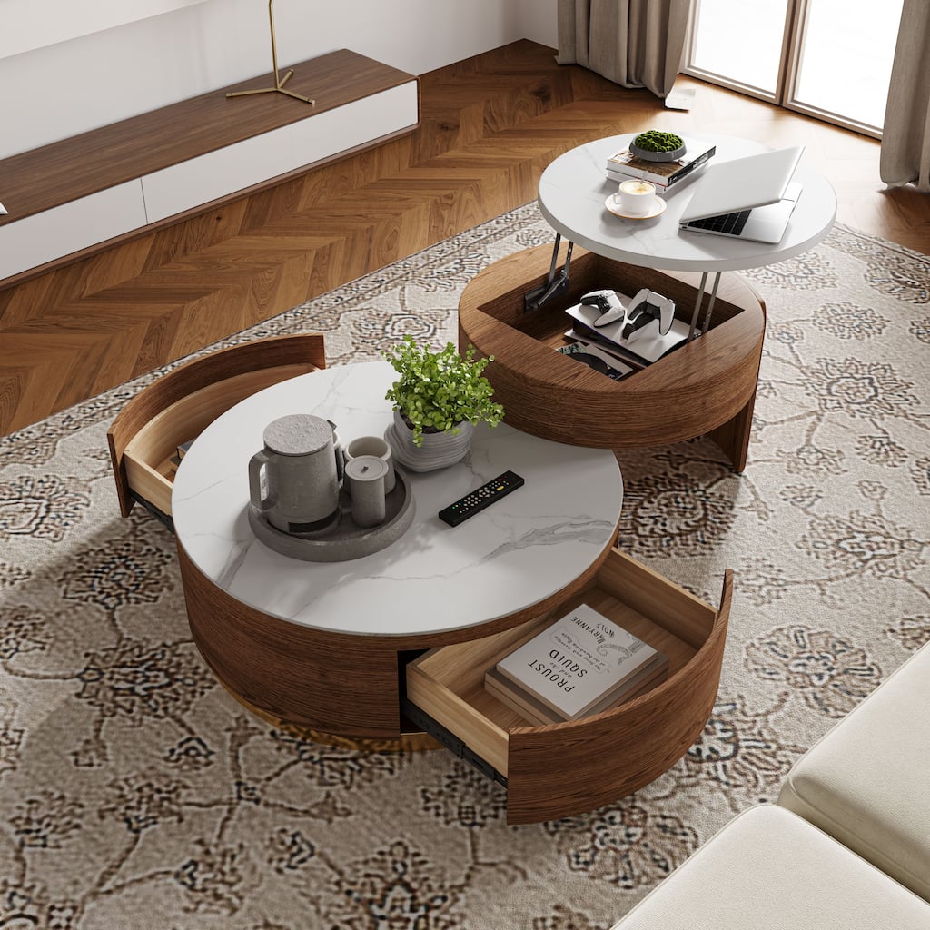 Lift-top Modern Nesting Coffee Table Set Of 2, White Sintered Stone Coffee Table Set
