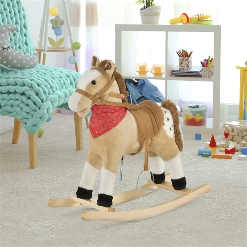 Children’s Rocking Horse with Realistic Neighing Wooden Rails and Comfortable Plush Seat - 30.75" L x 11" W x 26.75" H