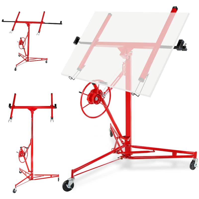 Drywall Lift 11FT, 150lb Capacity Heavy Duty Sheetrock Hoist w/Telescopic Arm & Locking Wheels, Steel Panel Lifter - red