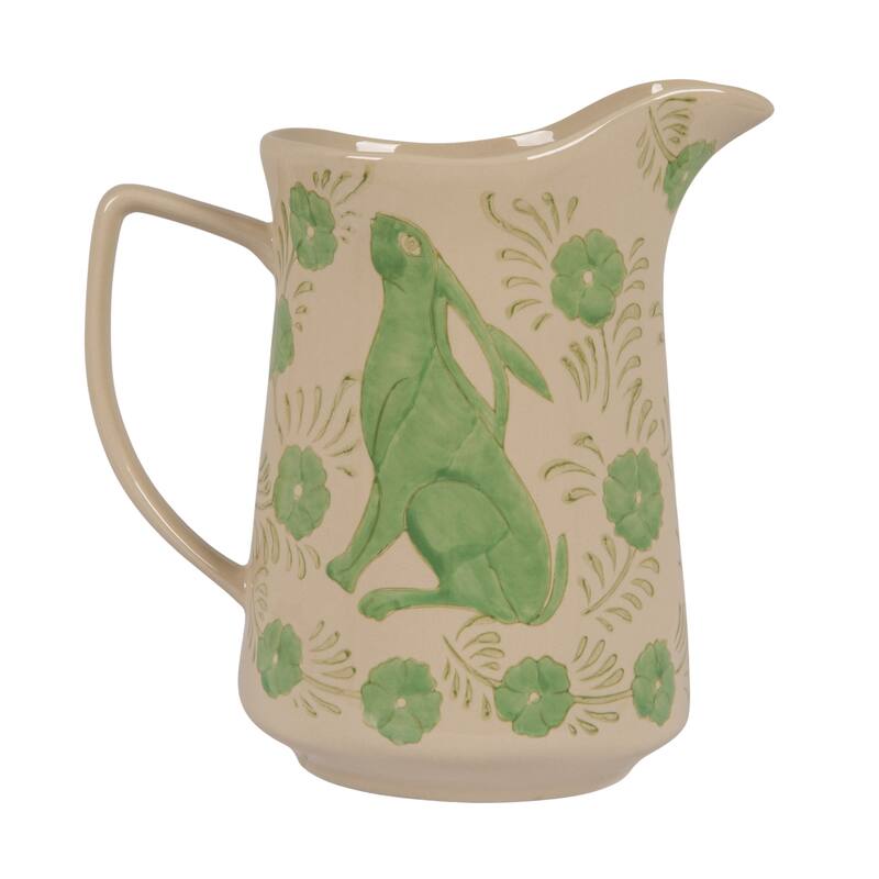 Stoneware Pitcher with Painted Rabbit and Florals
