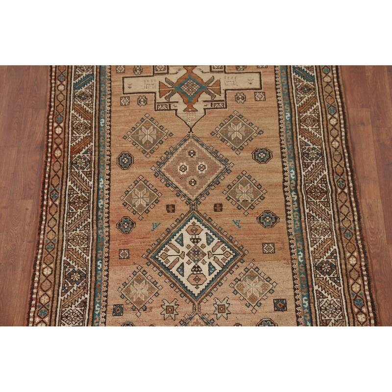 Geometric Heriz Persian Vintage Runner Rug Handmade Wool Carpet - 3'9"x 13'1"