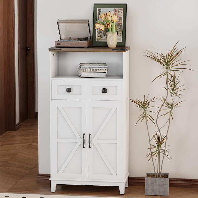 EROMMY Farmhouse Storage Cabinet with Doors and Adjustable Shelves, Small Freestanding Floor Cabinet , Narrow Organizer - N/A - White