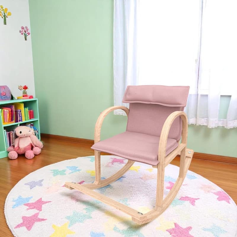 Modern Rocking Chair for Kids, Modern Accent Rocker Armchair With Wooden Frame, Upholstered High Back Wooden Rocking Chair