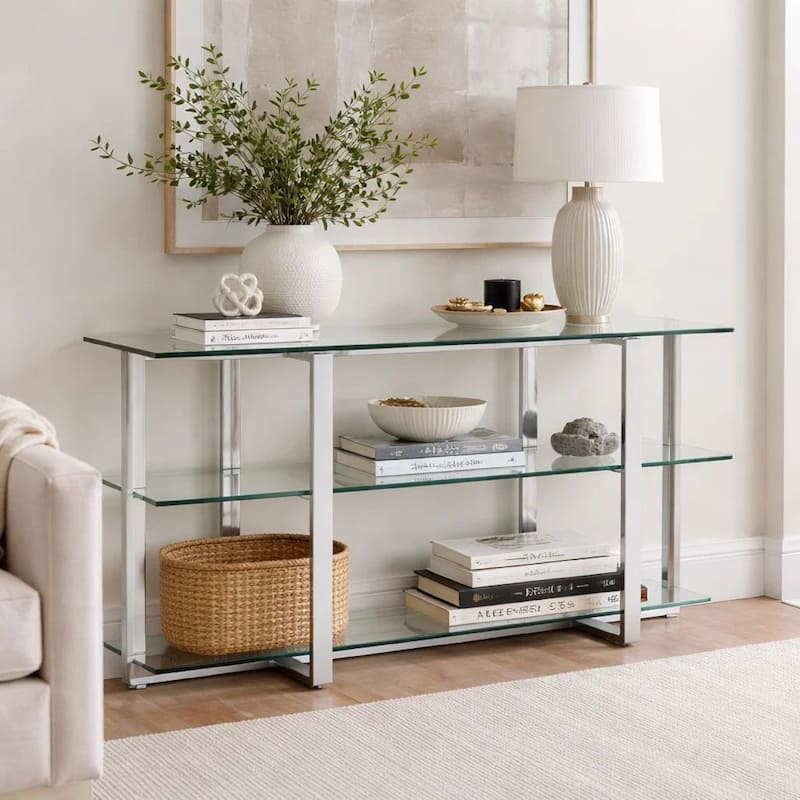 Eun 50 Inch Metal Sideboard Buffet Table, 2 Tier Glass Shelves, Chrome Base