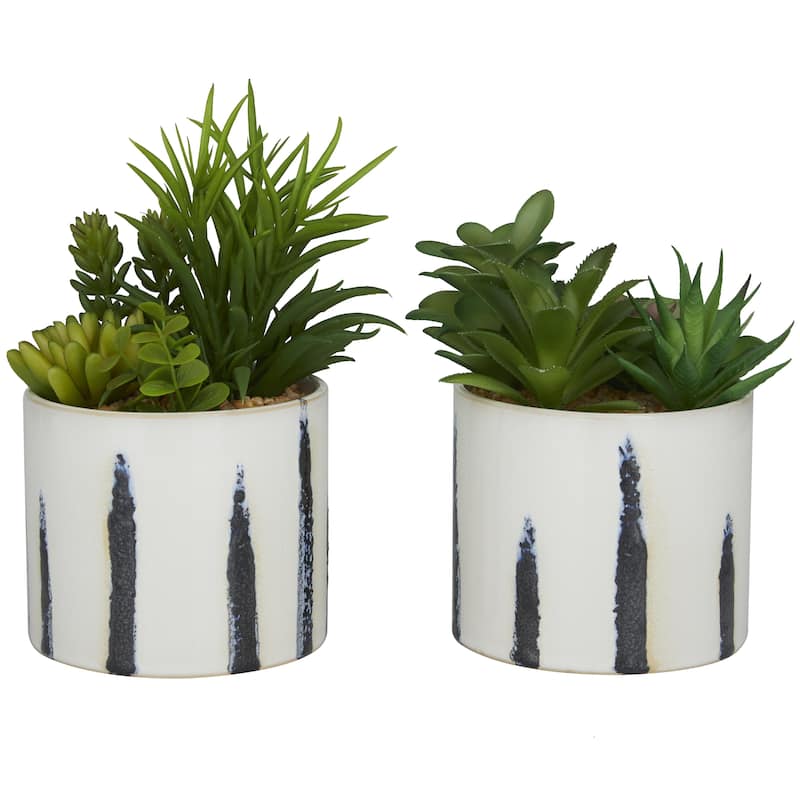 Green Faux Foliage Succulents Artificial Plant with Realistic Leaves and Patterned Porcelain Pot (Set of 4 or 2)