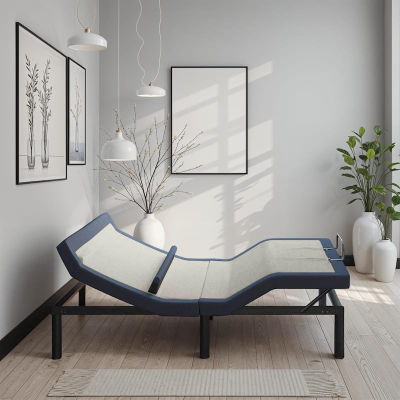 Twin XL Size Steel Adjustable Platform Bed with Head/Foot Tilt, Lumbar Support, Massage and USB Ports - Blue-gray