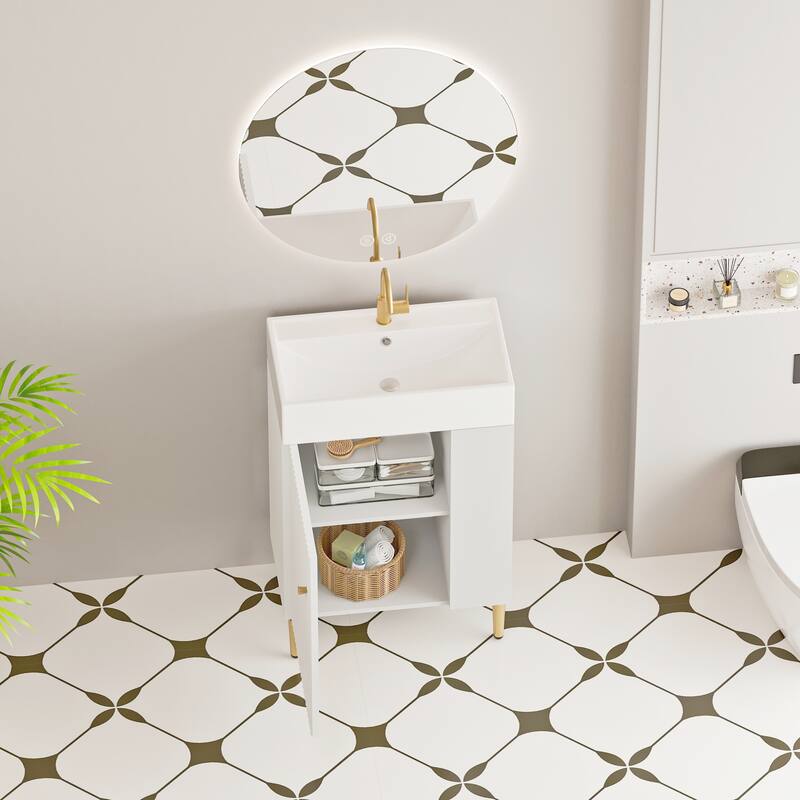 Open-shelving Bathroom Vanity with Ceramic Sink and Soft-Closing Door, Cloakroom Open Shelf Storage Cabinet on the Left Side