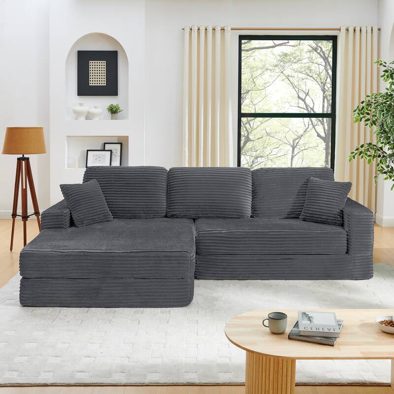 Modern Corduroy L-shaped Sectional Sofa with Chaise Expanded into Queen Size Floor Bed Comfy Compressed Sofa Couch