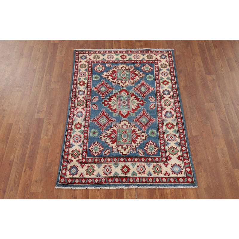 Blue Kazak Accent Rug Handmade Wool Carpet - 3'4" x 4'10"