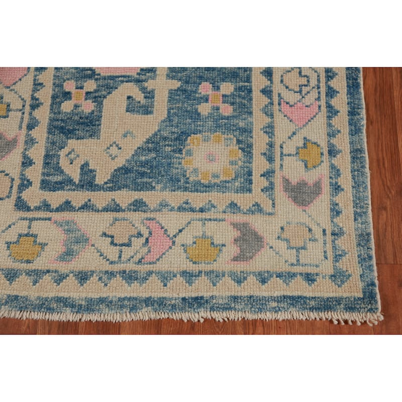 Hand Knotted Oriental 100% Wool Carpet Transitional Geometric Navy Blue & Blues Oushak Runner Rug - 13' 10'' X 3' 2''
