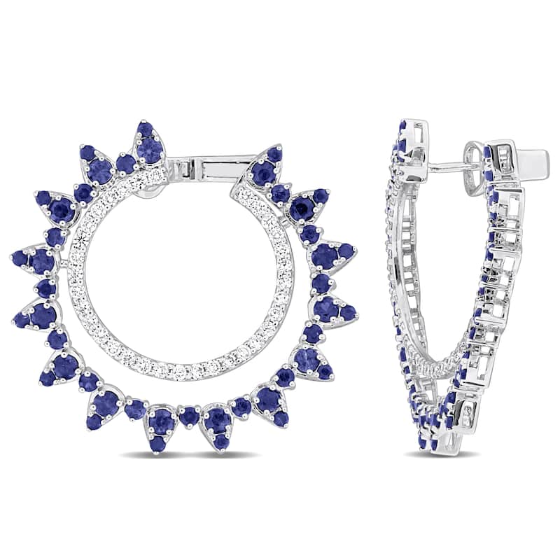 Miadora 35mm 4 1/10ct TGW Sapphire and 1ct TDW Diamond Hoop Earrings 14k White Gold