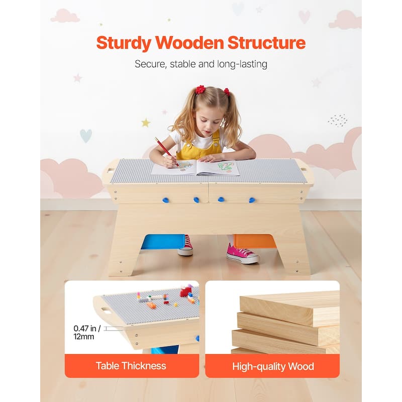 Natural Wooden Kids Table with 3 Storage Bins and Bricks - 35.6 x 19.6 x 15.5 in