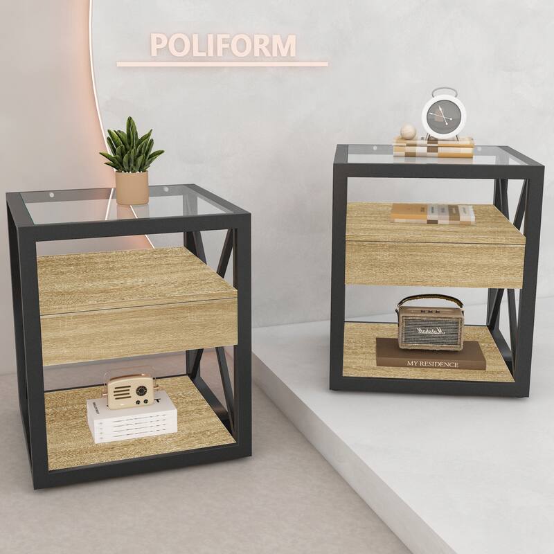 Set Of 2 Modern End Table With Drawer - Nightstand For,Rustic Wood Grain Mdf&Tempered Glass Top, Industrial Style Side Table
