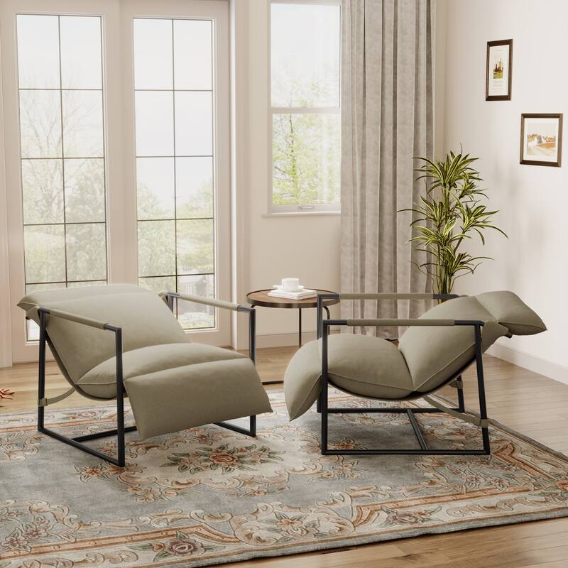 Metal Sling Accent Chairs Armchair with Adjustable Headrest Set of 2 - Beige