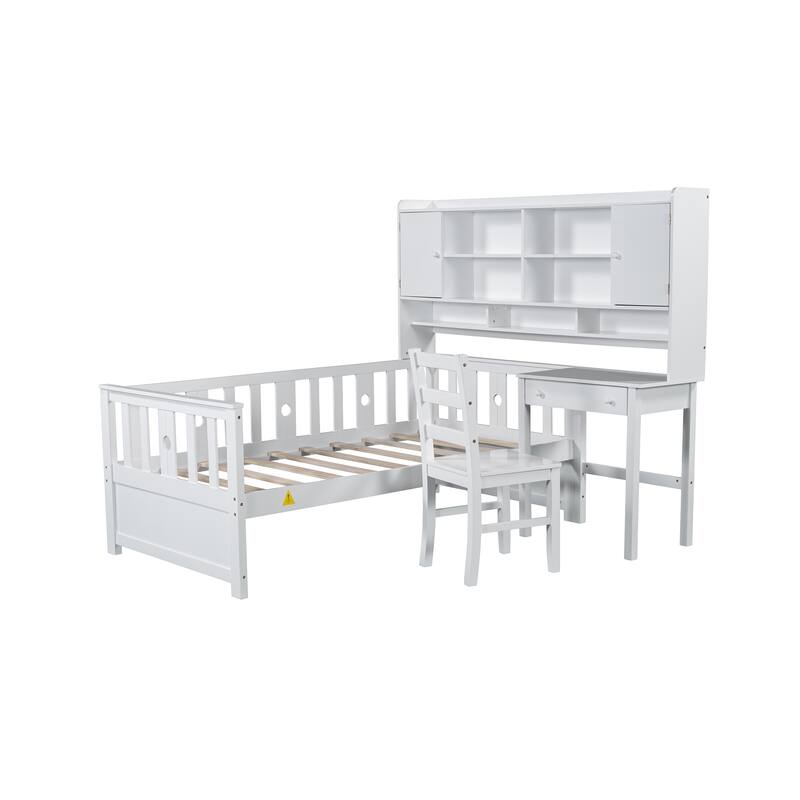 Twin Size Multifunctional Wood Platform Bed with Bookshelf,Built-in Desk and Matching Chair