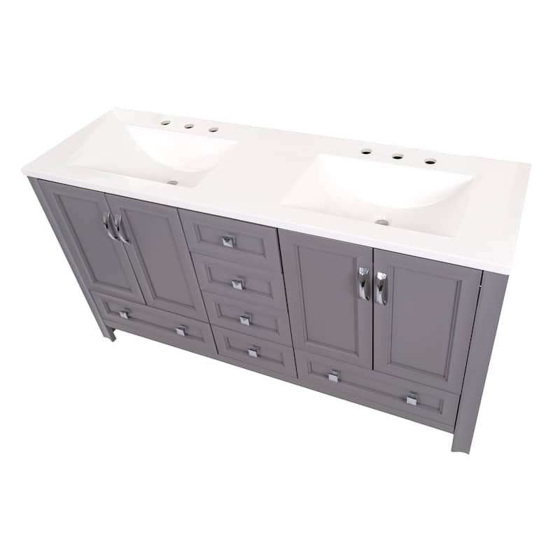 Spring Mill Cabinets Nimay 60.5" Double Bathroom Vanity With 5 Drawers, 2 Cabinets, and White Sink Top