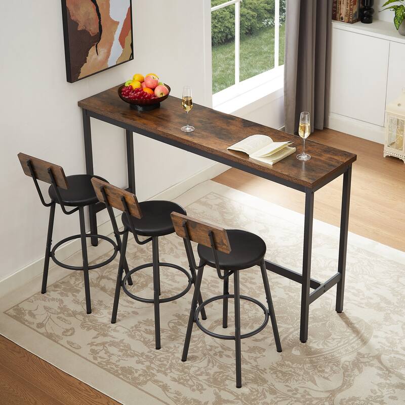 Long Bar Table Set with 3 PU Upholstered Bar Stools, Industrial Bar Table and Chairs for Kitchen Breakfast Table