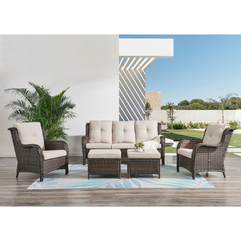 Pocassy 5-Piece Patio Furniture Set with Ottomans - Brown/Beige