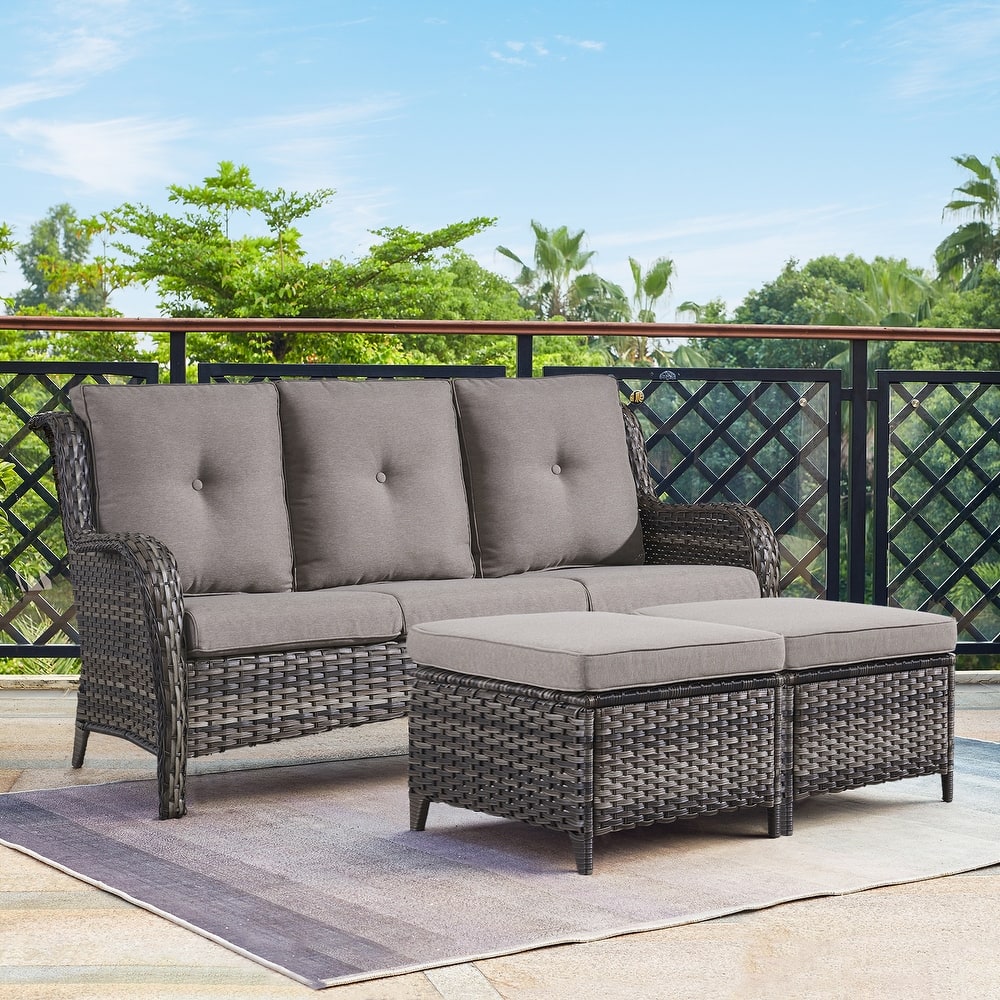 Gymojoy 3-Piece Outdoor Patio High-back Wicker Sectional Ottoman Set
