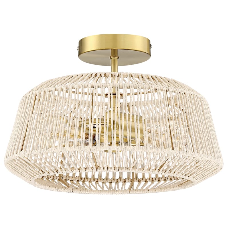 2-Light Rattan Semi-Flush Mount Ceiling Light - 14 in W