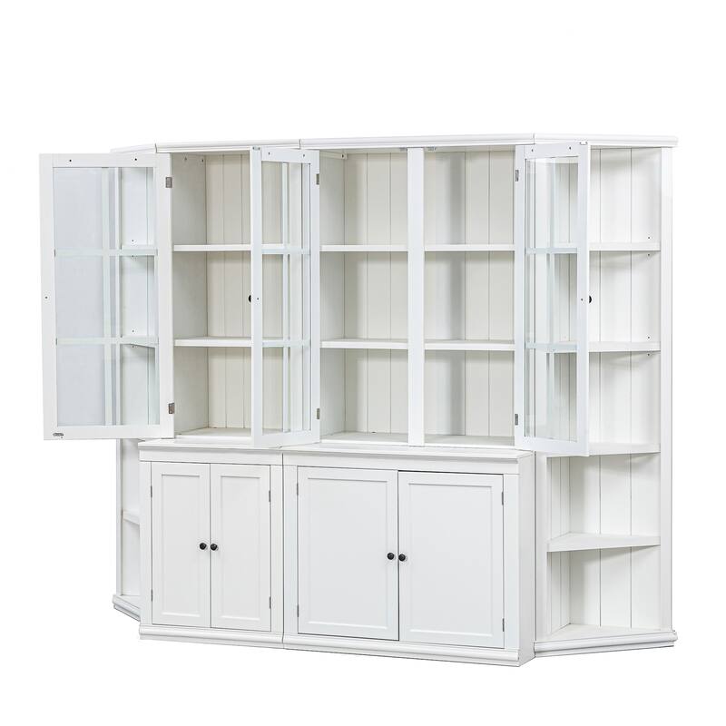 Roomfitters 75.25'' Display Cabinet with Glass Doors and Two Triangle Bookshelves, Retro Wall Storage Unit for Living Room