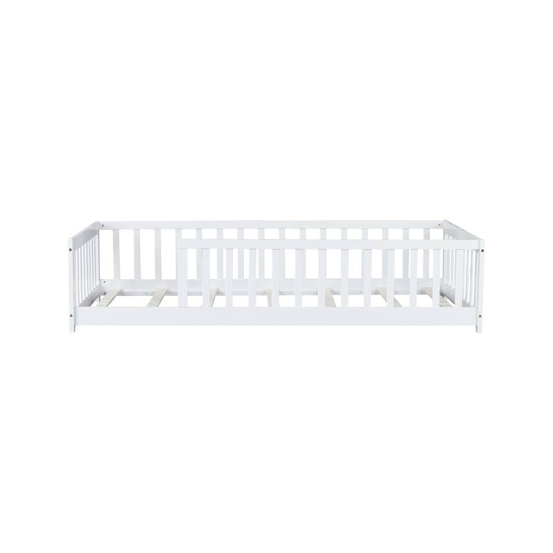 Montessori Twin Size Toddler Floor Bed with Fence without Door, Open-row Design Wood Frame Platform Bed with Safety Guardrails
