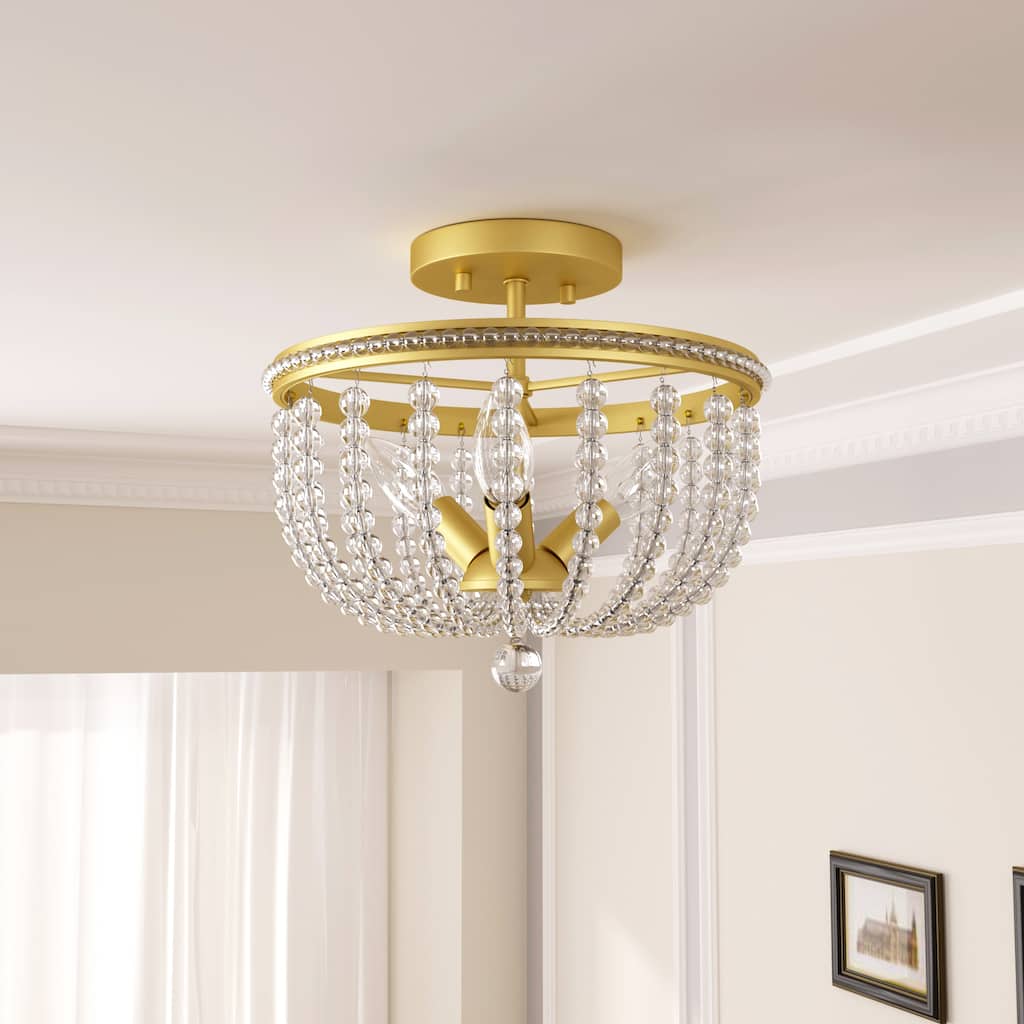 Frenia 3-light Mid-century Modern Beaded Gold Semi-flush Mount Ceiling Light - 12'' D * 8.07'' H