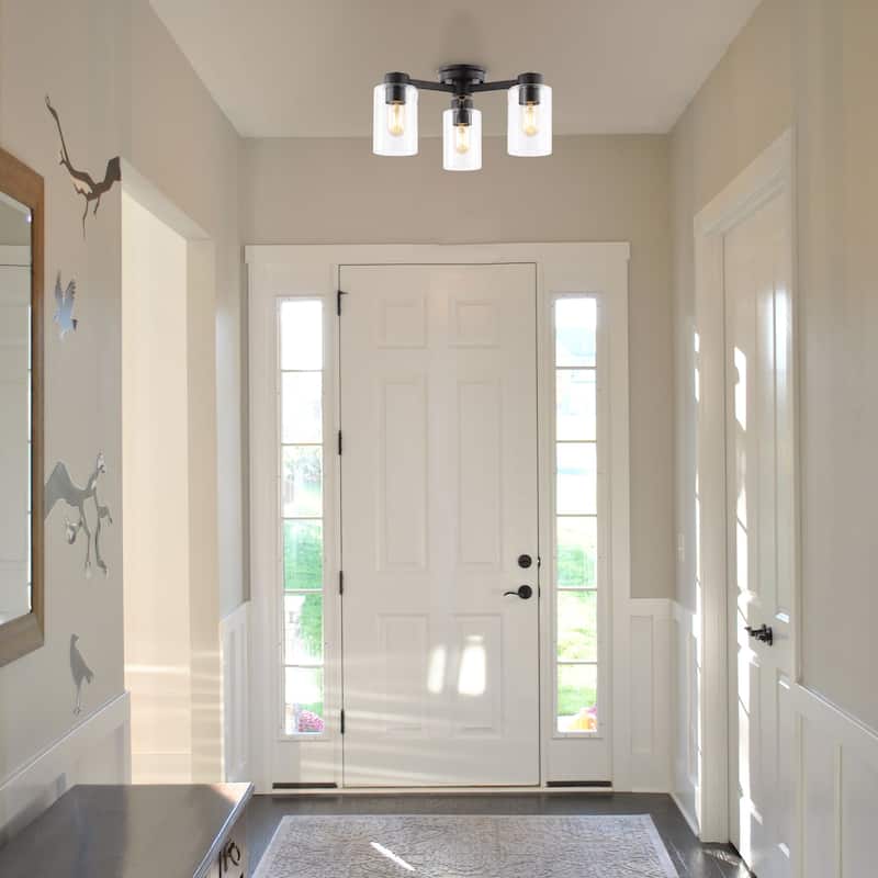 Orville 17" 3-Light Farmhouse Industrial Iron Cylinder LED Semi Flush Mount, Oil Rubbed Bronze/Clear by JONATHAN Y