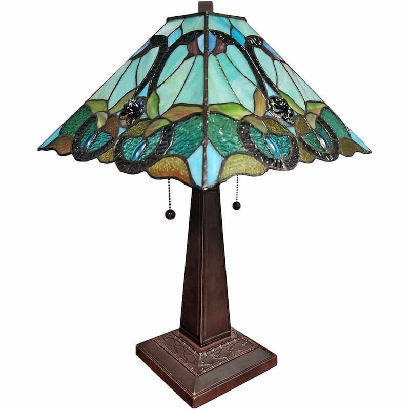 23-Inch Metal Two Light Table Lamp with Blue Green Shade - 11" x 21" x 23"