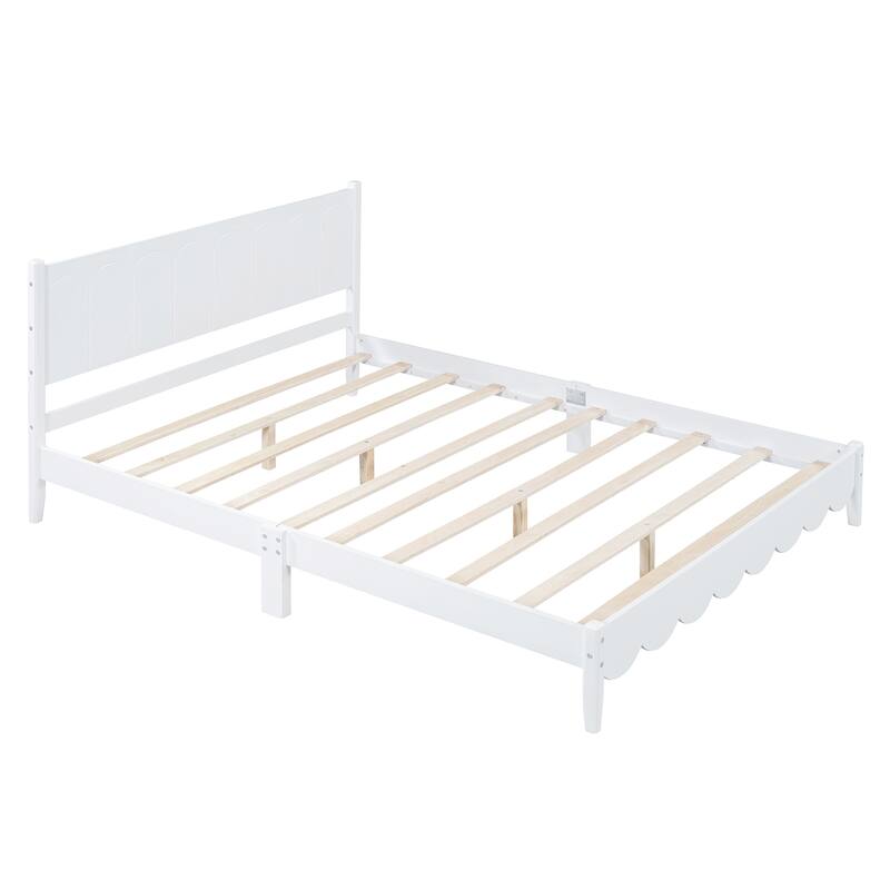 Wood Platform Bed Frame, Retro Style Bed with Rectangular Headboard