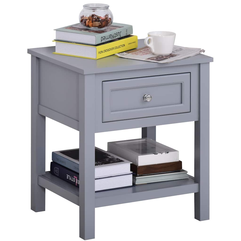 HOMCOM Accent End Table Nightstand with Grey Tabletop, Storage Drawer, and Bottom Shelf