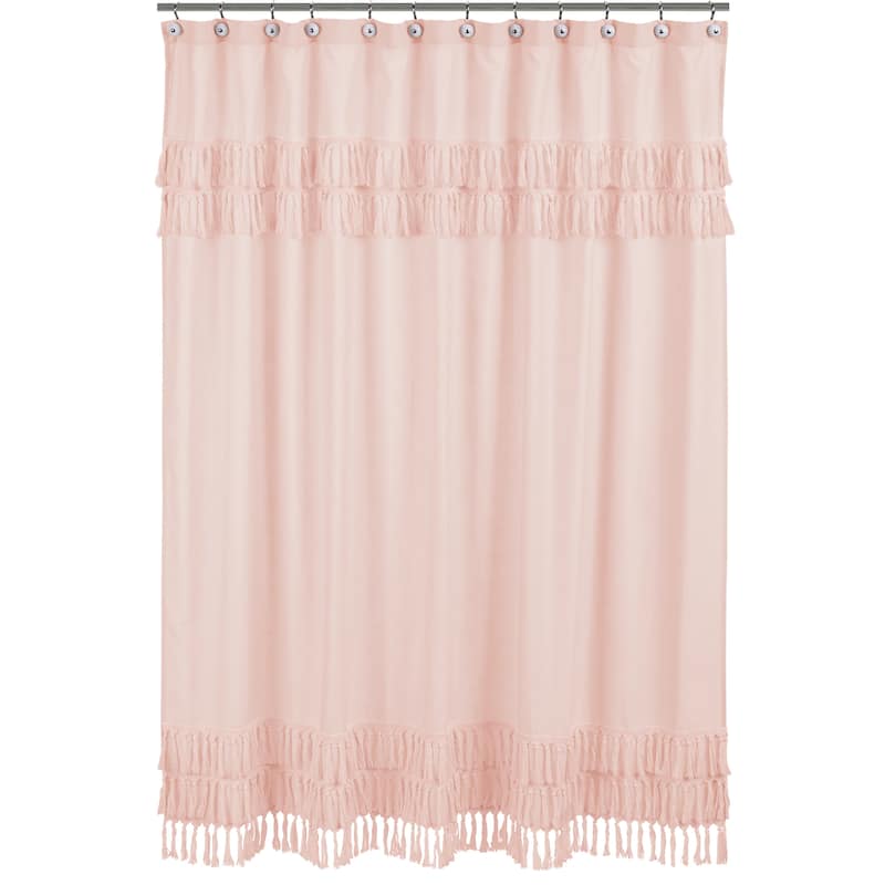 Pink Boho Bohemian Bathroom Fabric Bath Shower Curtain - Solid Blush Shabby Chic Princess Luxurious Luxury Elegant Tassel Fringe