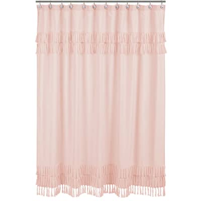 Pink Boho Bohemian Bathroom Fabric Bath Shower Curtain - Solid Blush Shabby Chic Princess Luxurious Luxury Elegant Tassel Fringe