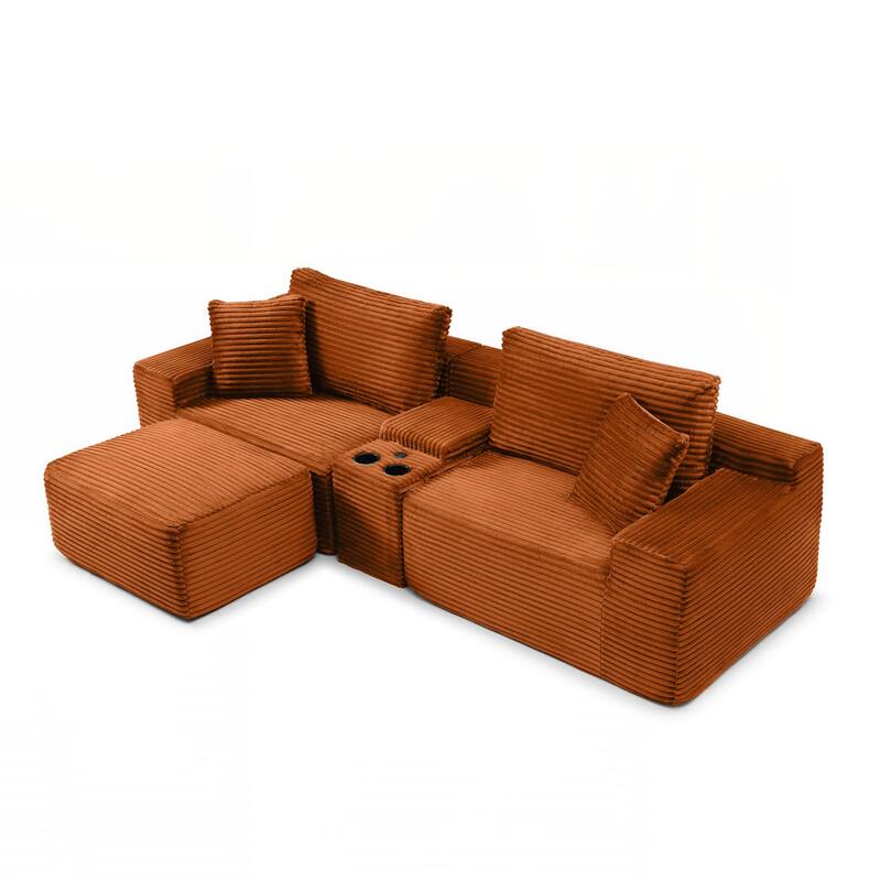 Modular Sectional Sofa, Deep Seat Corduroy Cloud Couch with Cup Holders, USB Ports & Storage Box