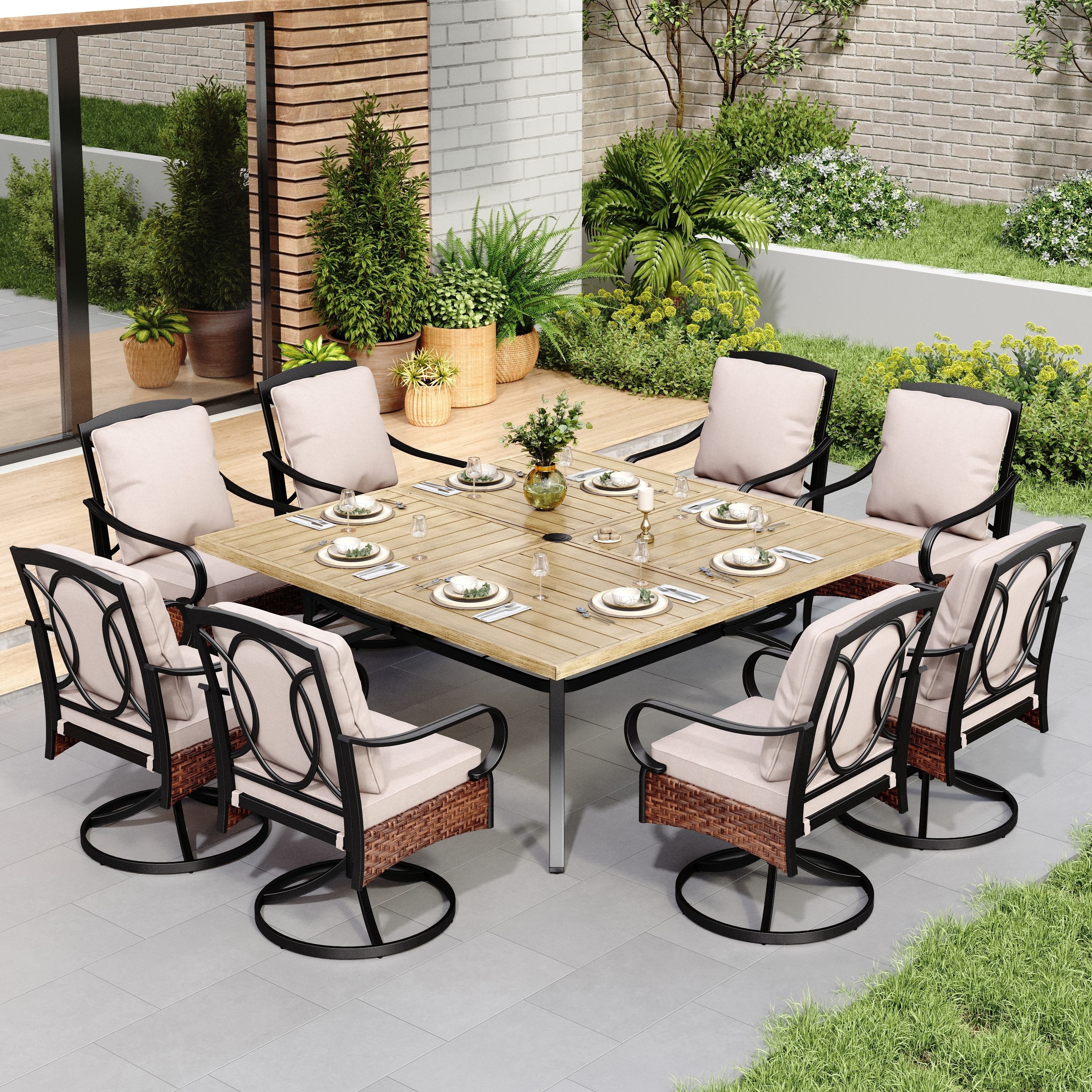 MAISON ARTS Metal Outdoor Dining Set with 8-Person Large Square Table & Heavy-Duty Padded Swivel Chairs