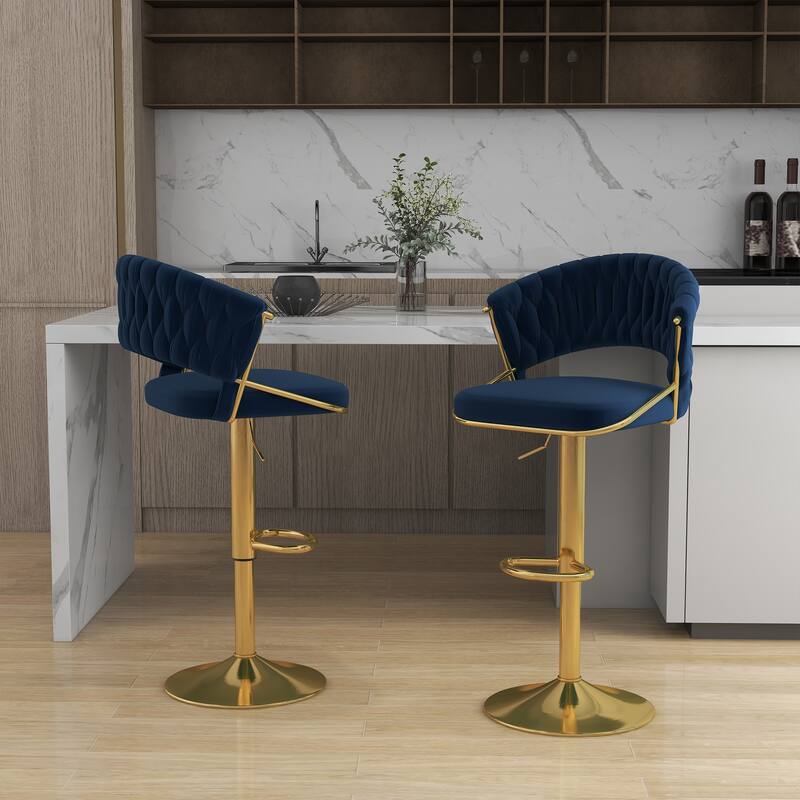 Set of 2 Modern Velvet Adjustable Bar Stools with Backs