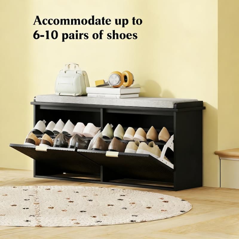 Entryway Storage Bench with Cushioned Seat and 2 Flip Up Shoe Cabinets