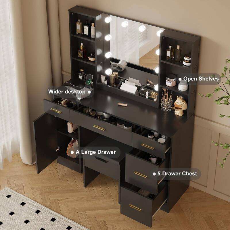 55.7" Dressing Table with LED Lights, Storage Shelves & Stool, Drawers