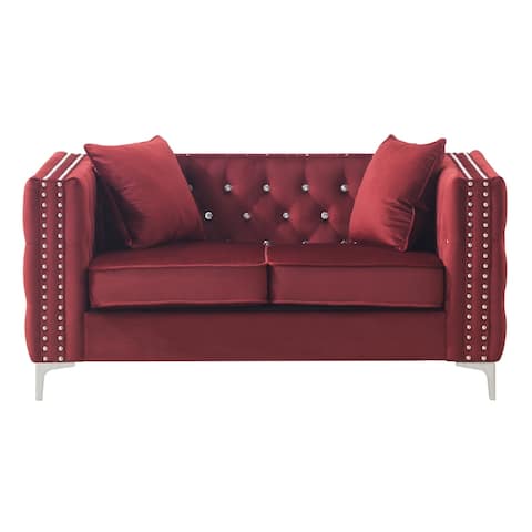 Offex Burgundy Velvet 2-Seater Sofa with 2-Throw Pillow - 63"L x 34"W x 30"H