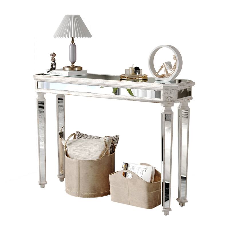 Roomfitters 48" Mirrored Console Table, Carved Wood Entryway Sofa Table with Silver Glass & Oak Finish
